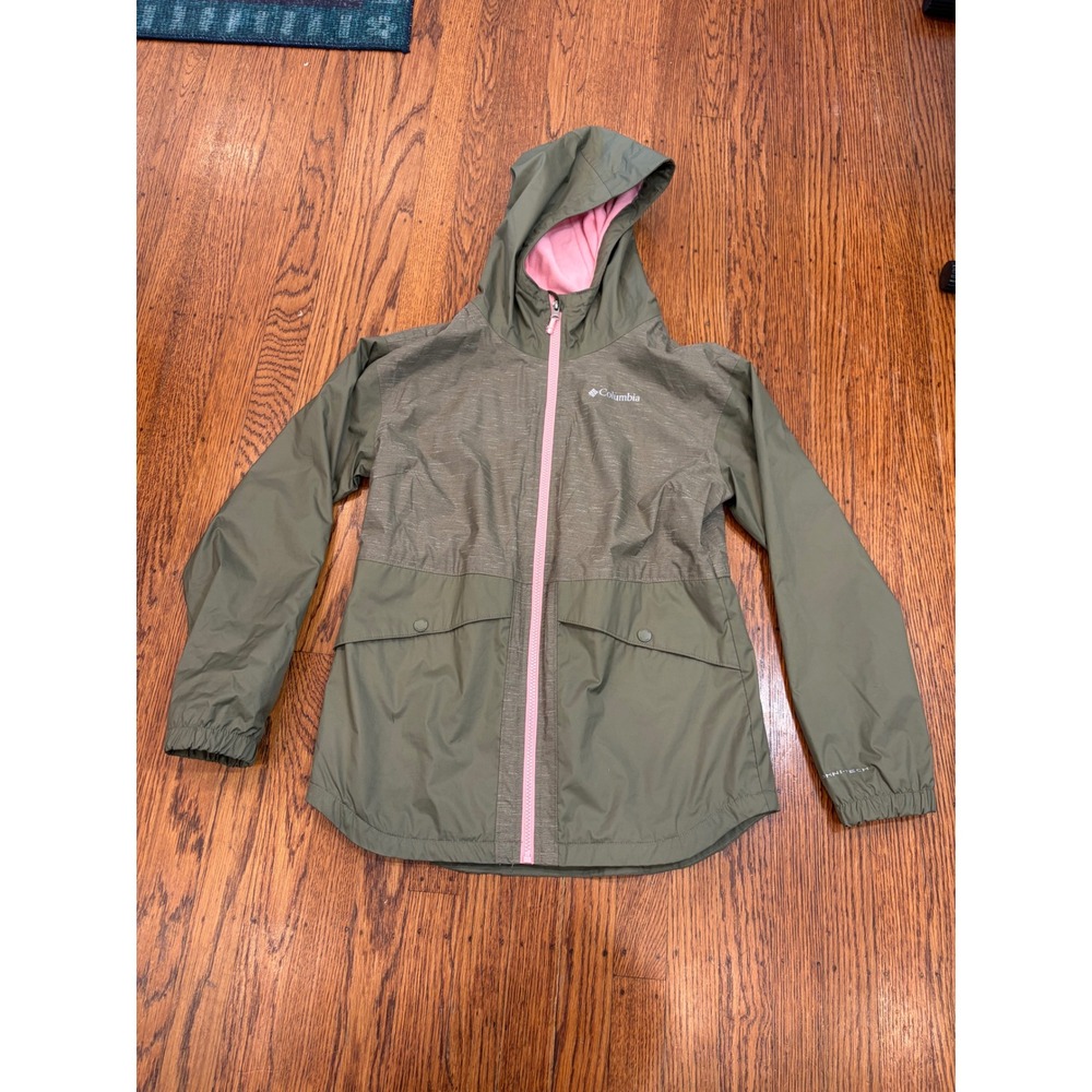 Columbia Girls Olive Green Pink Fleece Lined Rain Jacket Omni-Tech Large 14/16